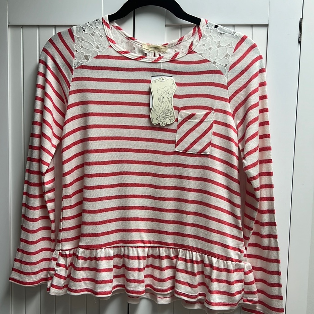 Soprano Girl’s Shirt SZ L, Stripes, Lace, Bow, NWT